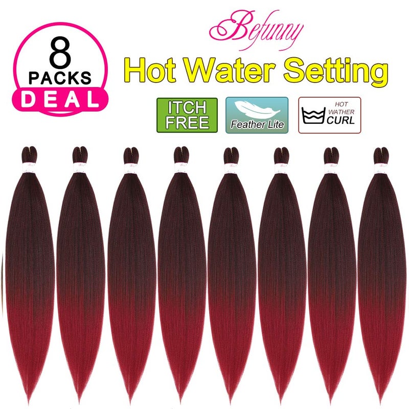 BEFUNNY Braiding Hair,Burgundy Pre Stretched Braiding Hair,8 Packs 30 Inch Ombre Prestretched Hair For Braiding, Long Synthetic Hair For Black Women Crochet Hair,Itch Free,Yaki Straight(30",T1B/BUG) - Image 2